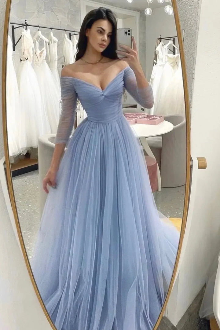 Off-Shoulder Long Sleeves Tulle A-Line Party Prom Dress