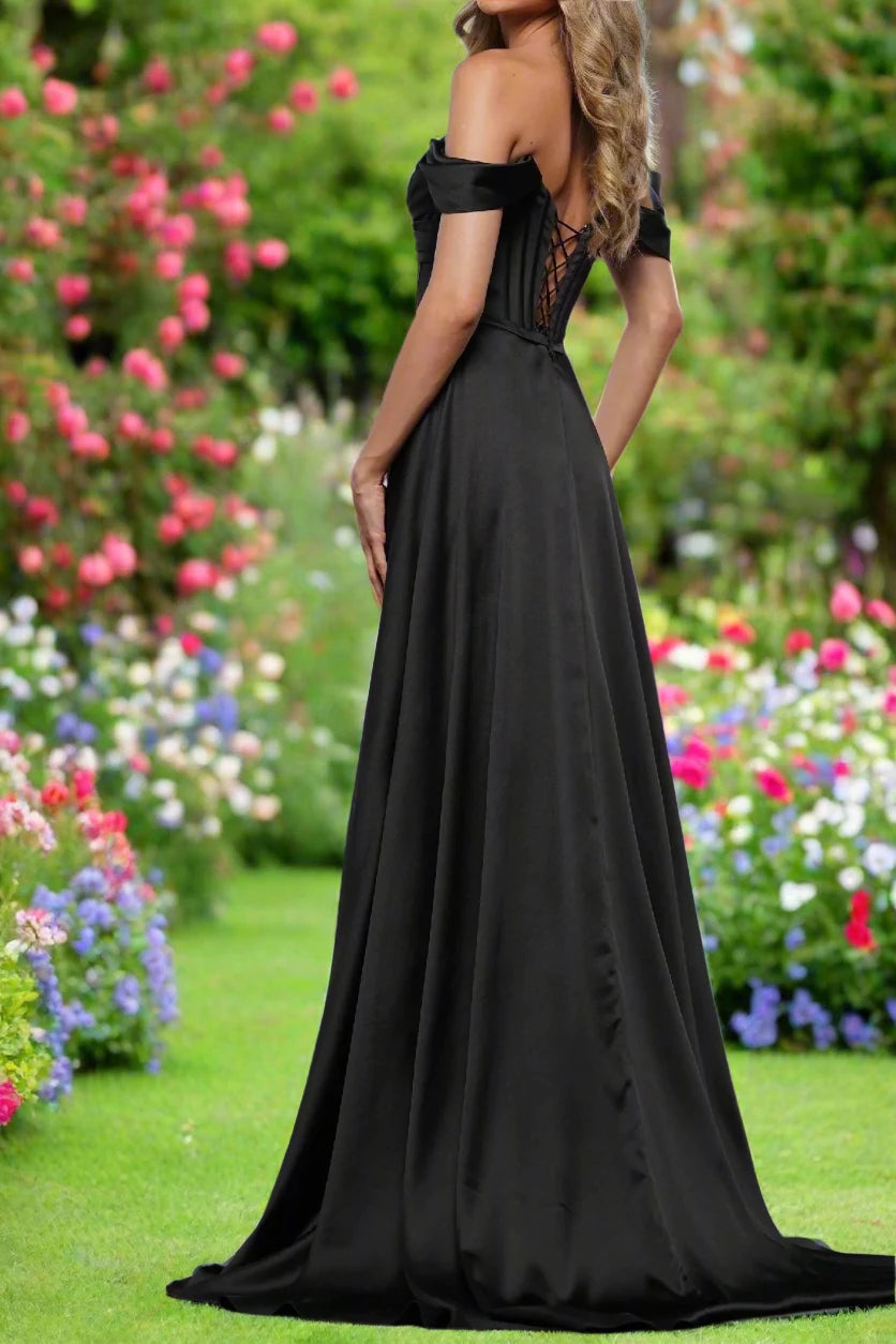 Off-Shoulder Satin A-Line Beaded Prom Dress