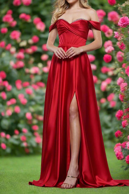 Off-Shoulder Satin A-Line Beaded Prom Dress