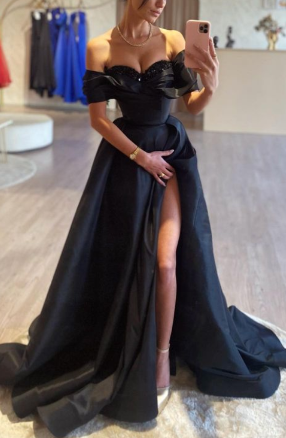 Off-Shoulder Satin A-Line Beaded With Side Slit Prom Dress