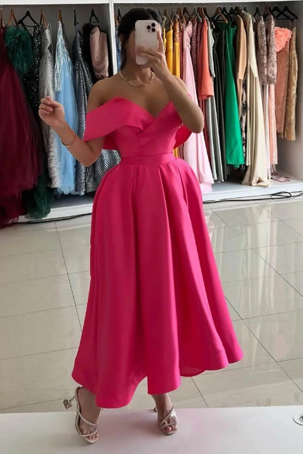 Off-Shoulder Satin A-Line Empire Party Prom Dress Movousdress Off-Shoulder Satin A-Line Empire Party Prom Dress Movousdress
