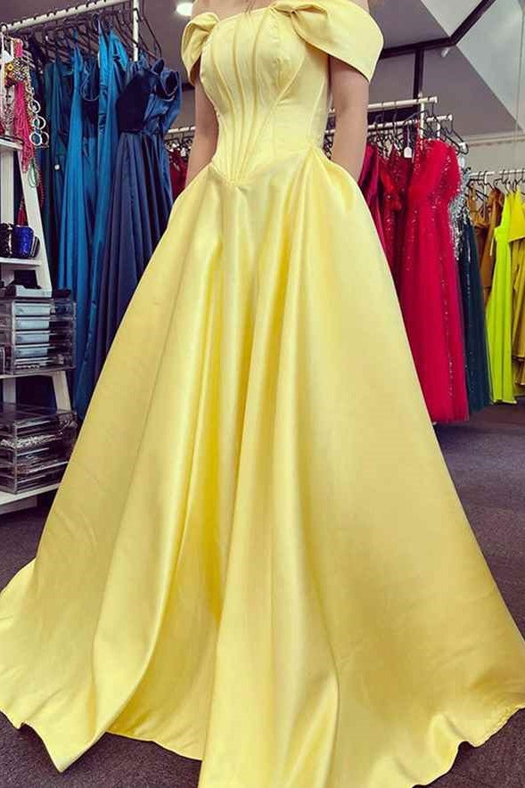 Off-Shoulder Satin A-Line Prom Dress With Pockets