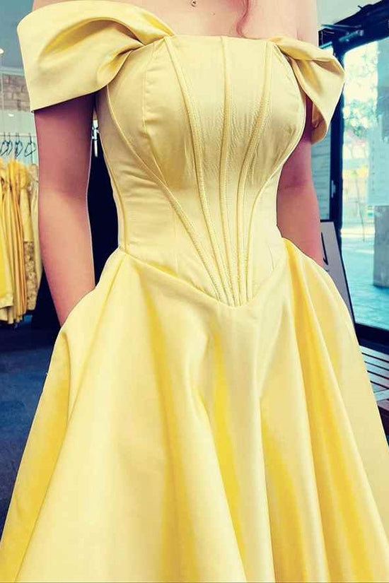 Off-Shoulder Satin A-Line Prom Dress With Pockets