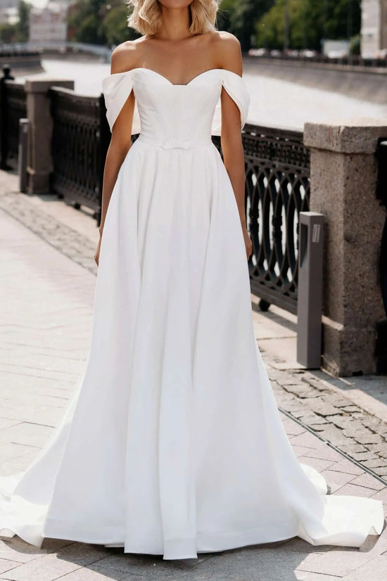 Off-Shoulder Satin A-Line Sleeveless Wedding Dress With Train