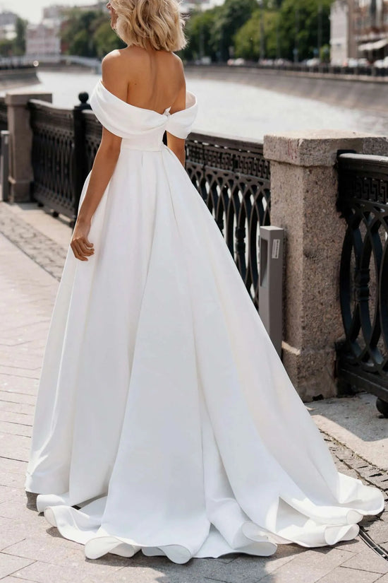 Off-Shoulder Satin A-Line Sleeveless Wedding Dress With Train