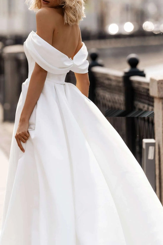 Off-Shoulder Satin A-Line Sleeveless Wedding Dress With Train