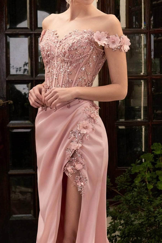 Off-Shoulder Satin Fitted Appliques Ruched Prom Dress