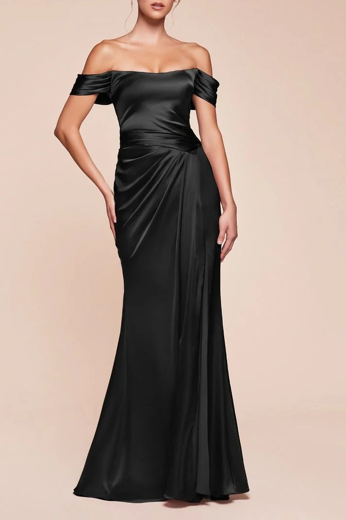 Off-Shoulder Satin Fitted Bridesmaid Dress With Side Slit Movousdress Off-Shoulder Satin Fitted Bridesmaid Dress With Side Slit Movousdress
