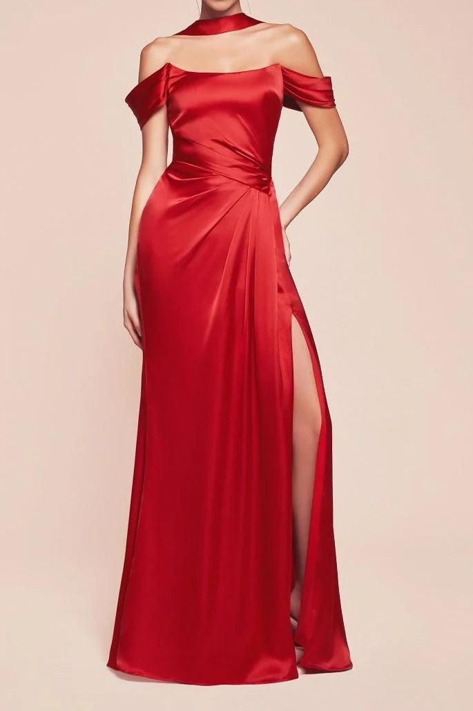 Off-Shoulder Satin Fitted Bridesmaid Dress With Side Slit Movousdress Off-Shoulder Satin Fitted Bridesmaid Dress With Side Slit Movousdress