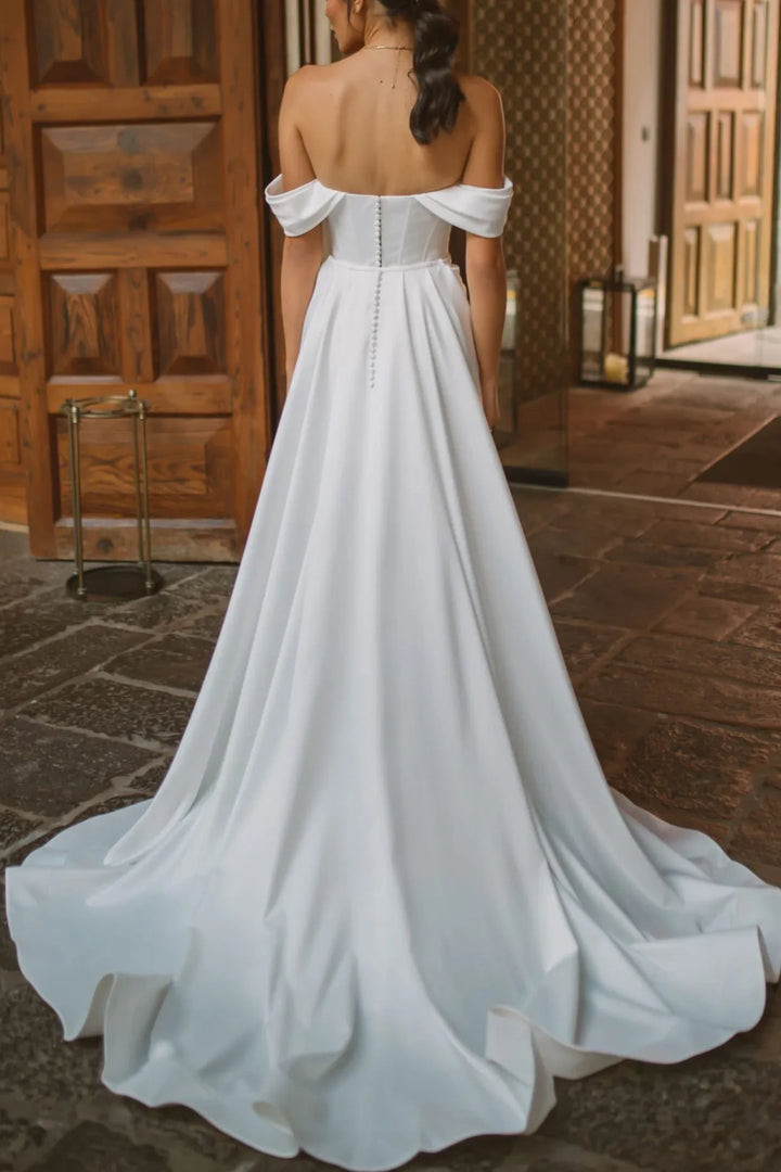 Off-Shoulder Satin Fitted Ruched With Train Long Wedding Dress