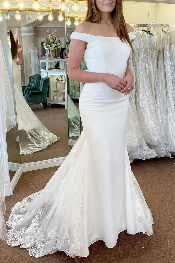 Off-Shoulder Satin Trumpet With Train Long Wedding Dress