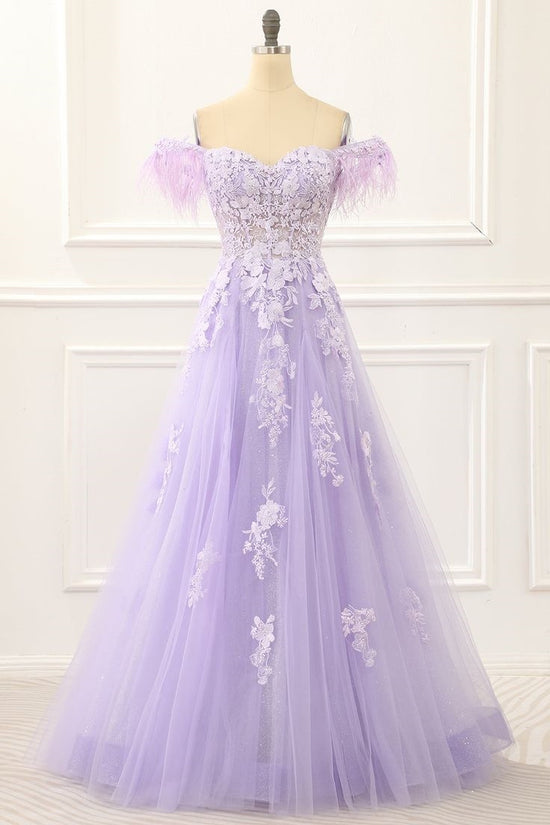 Off-Shoulder Tulle A-Line Appliques Lace Up Long Prom Dress