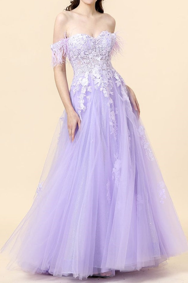 Off-Shoulder Tulle A-Line Appliques Lace Up Long Prom Dress