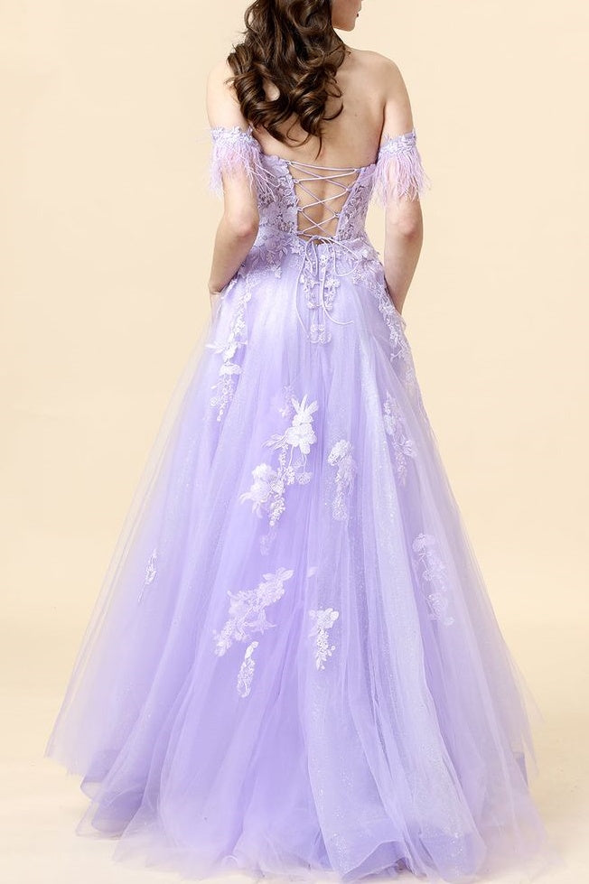 Off-Shoulder Tulle A-Line Appliques Lace Up Long Prom Dress