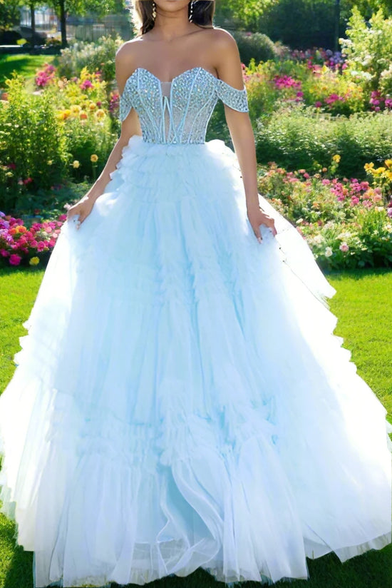 Off-Shoulder Tulle A-Line Beaded Empire Long Prom Dress