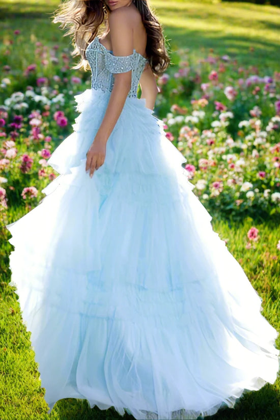 Off-Shoulder Tulle A-Line Beaded Empire Long Prom Dress