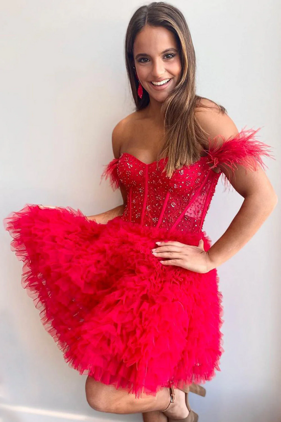 Off-Shoulder Tulle A-Line Beaded Feathers Homecoming Dress