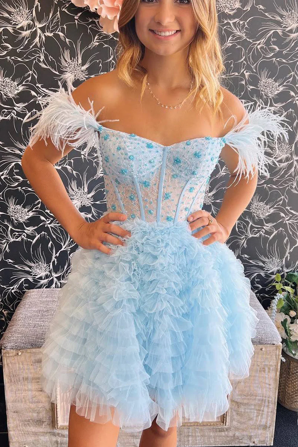 Off-Shoulder Tulle A-Line Beaded Feathers Homecoming Dress