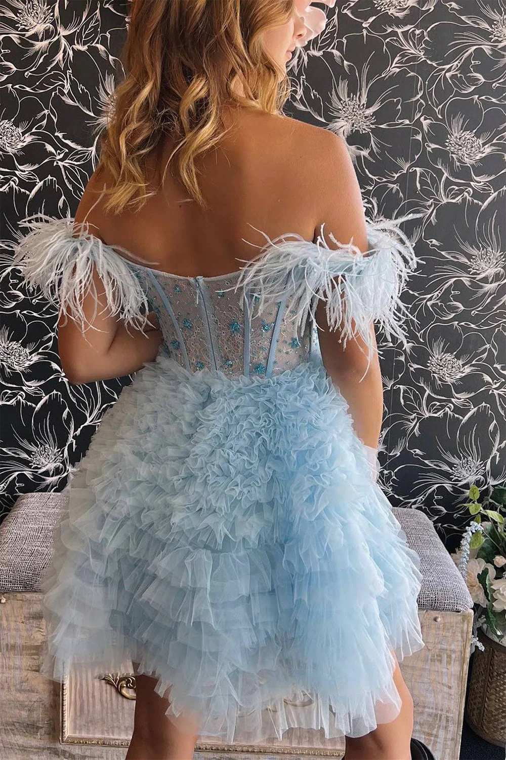 Off-Shoulder Tulle A-Line Beaded Feathers Homecoming Dress