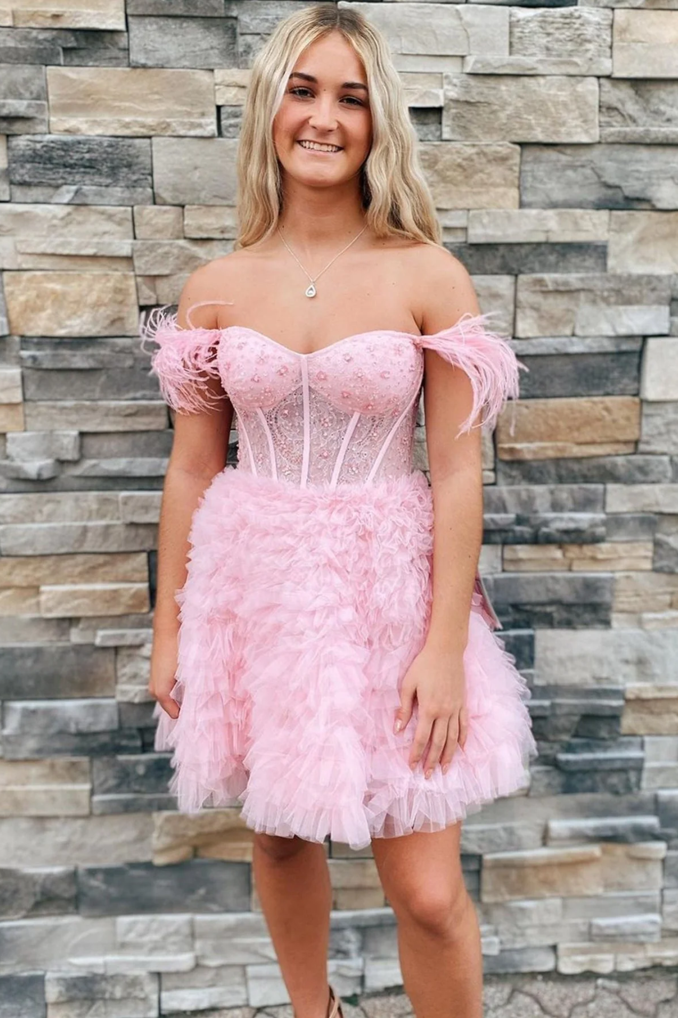 Off-Shoulder Tulle A-Line Beaded Feathers Homecoming Dress