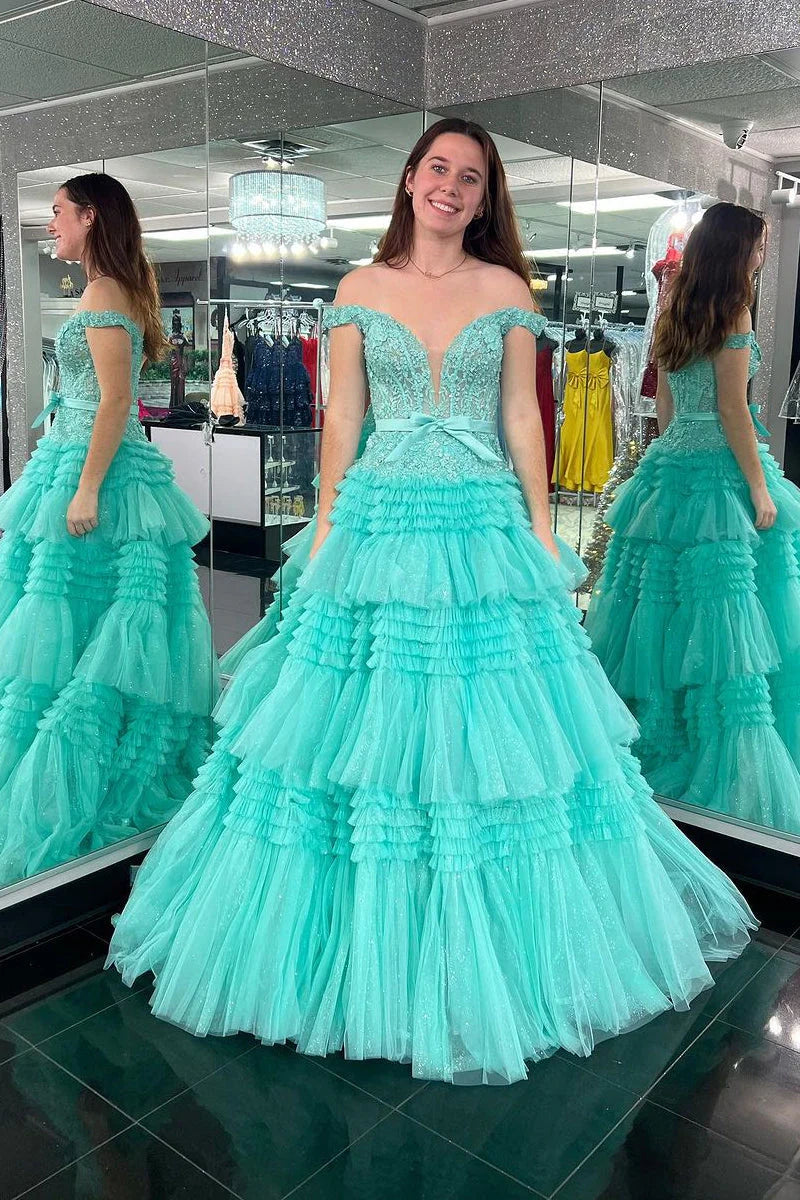 Off-Shoulder Tulle A-Line Empire Appliques Tiered Party Prom Dress