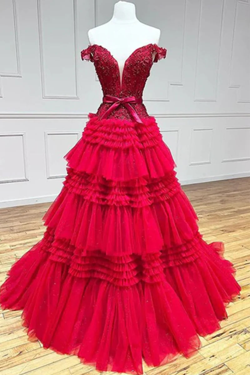 Off-Shoulder Tulle A-Line Empire Appliques Tiered Party Prom Dress