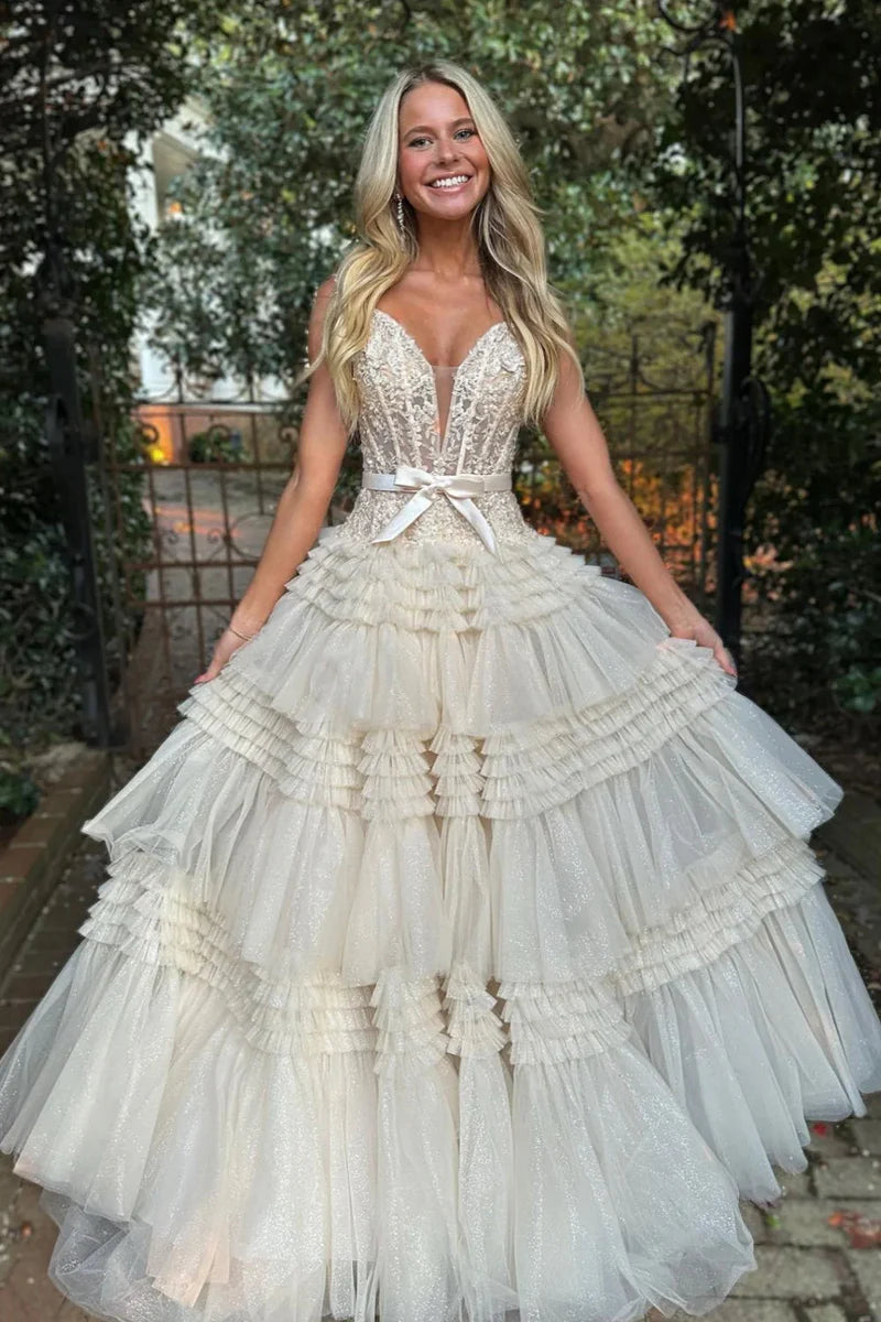 Off-Shoulder Tulle A-Line Empire Appliques Tiered Party Prom Dress