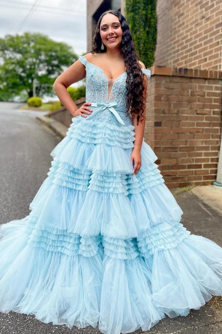 Off-Shoulder Tulle A-Line Empire Appliques Tiered Party Prom Dress