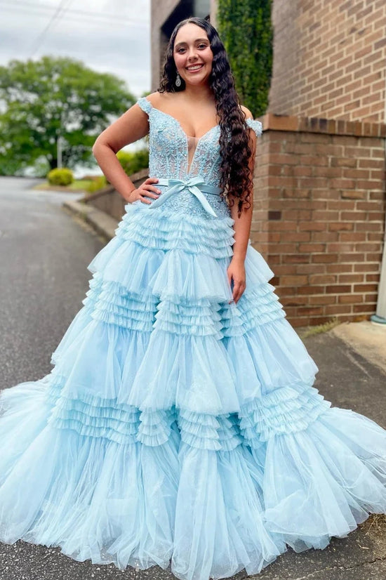 Off-Shoulder Tulle A-Line Empire Appliques Tiered Party Prom Dress