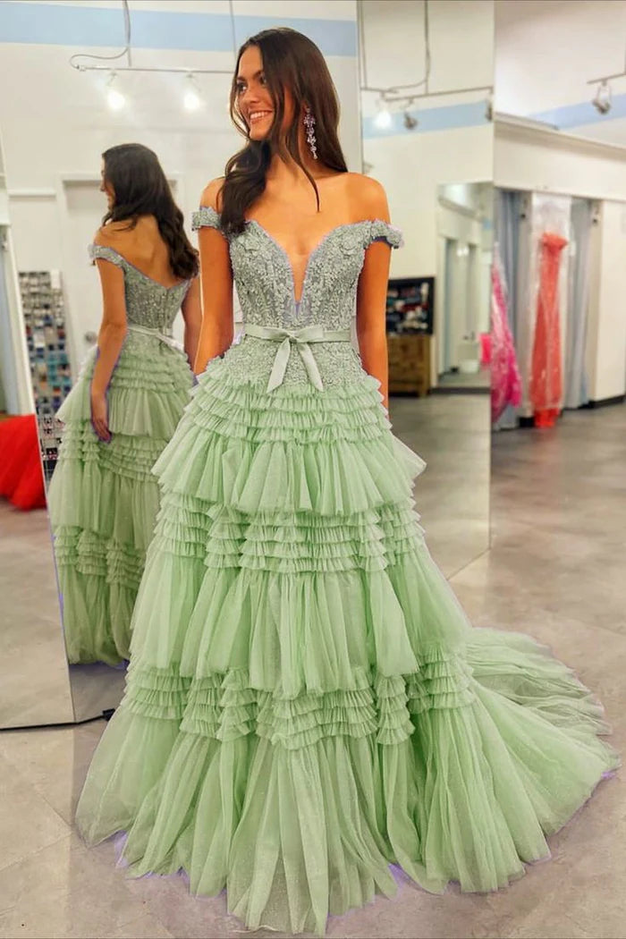 Off-Shoulder Tulle A-Line Empire Appliques Tiered Party Prom Dress