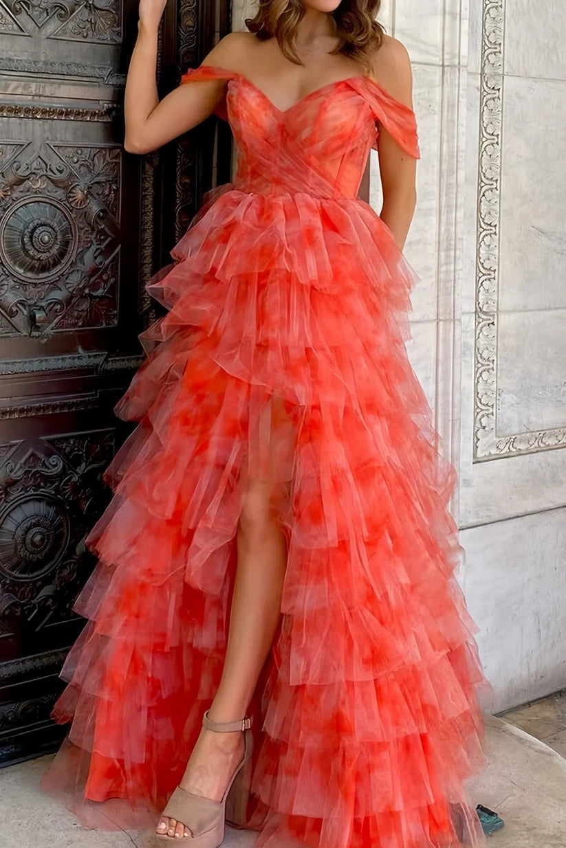 Off-Shoulder Tulle A-Line Empire Tiered Party Prom Dress