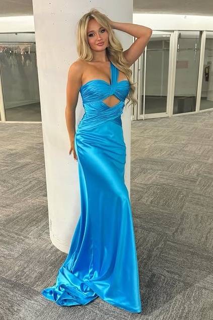 One Shoulder Empire Ruched Mermaid Satin Party Prom Dress