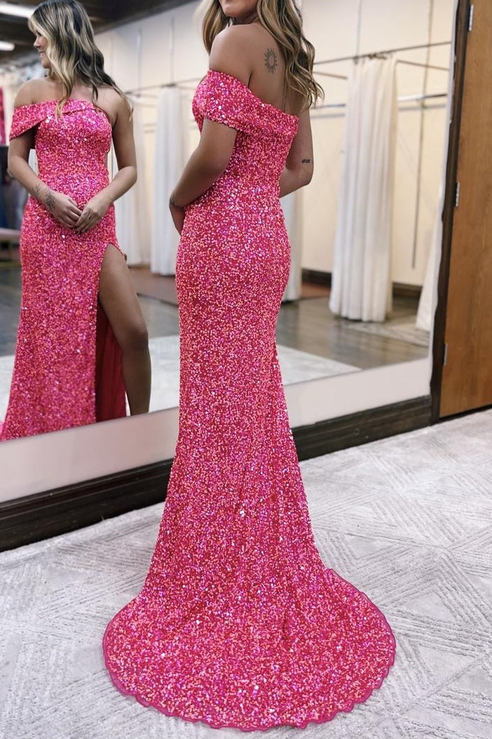 One Shoulder Mermaid Sequins Prom Dress With Slit