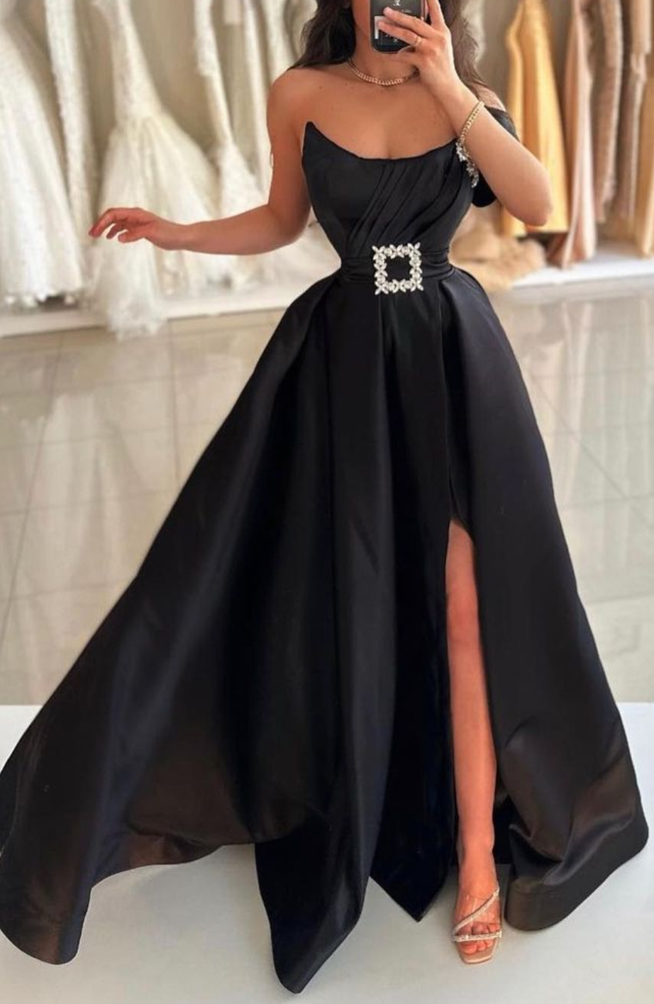 One Shoulder Satin A-Line Empire Long Prom Dress Movousdress One Shoulder Satin A-Line Empire Long Prom Dress Movousdress