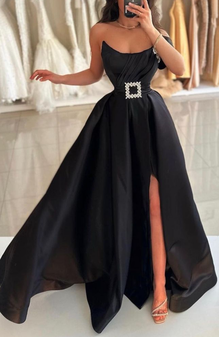 One Shoulder Satin A-Line Empire Long Prom Dress