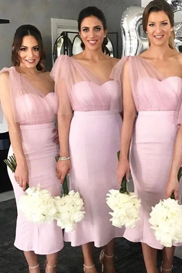 Satin Trumpet Empire One Shoulder Pink Bridesmaid Dress