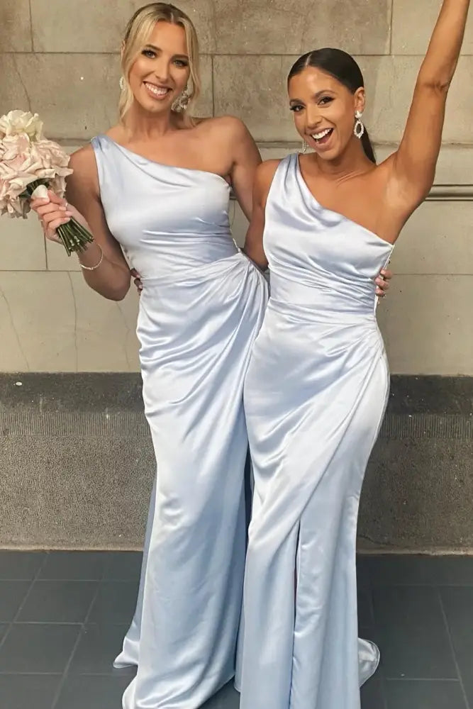 One Shoulder Sleeveless Empire With Slit Bridesmaid Dress