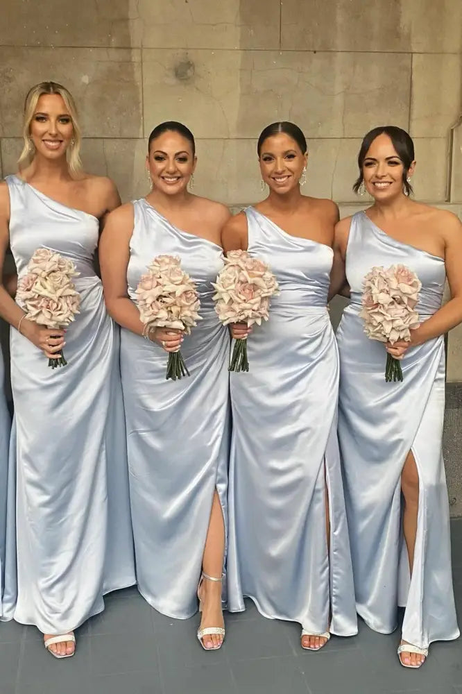 One Shoulder Sleeveless Empire With Slit Bridesmaid Dress