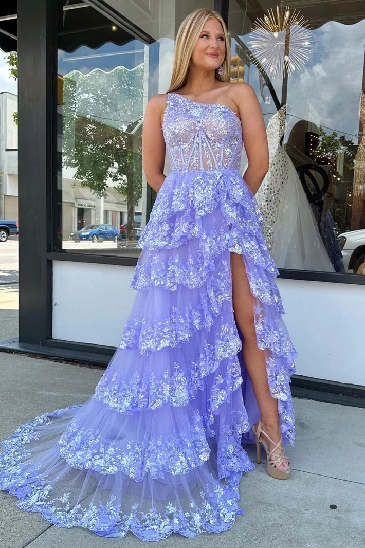 One Shoulder Sleeveless Empire With Train Lace Prom Dress