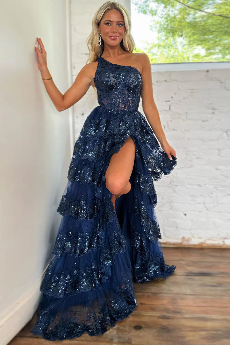 One Shoulder Sleeveless Empire With Train Lace Prom Dress