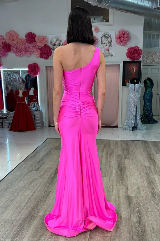 One Shoulder Sleeveless Illusion Empire Trumpet Satin Prom Dress