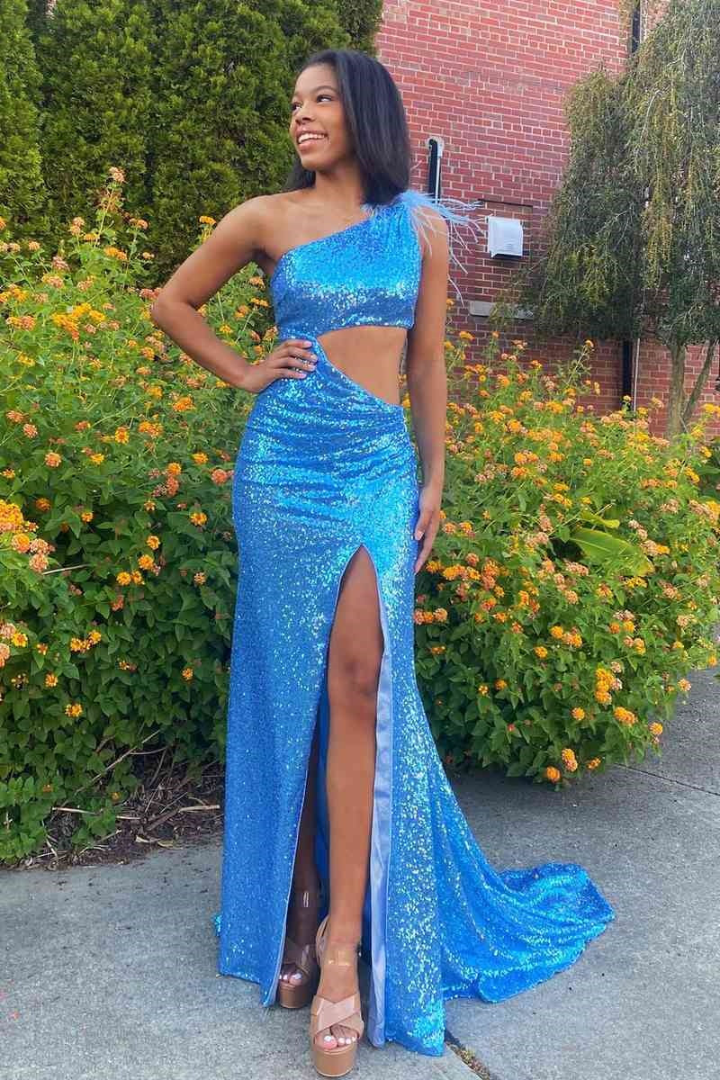 One Shoulder Sleeveless Illusion Trumpet With Train Prom Dress