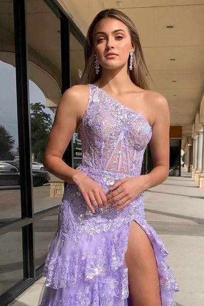 One Shoulder Sleeveless Lace Appliques Tiered Long Prom Dress