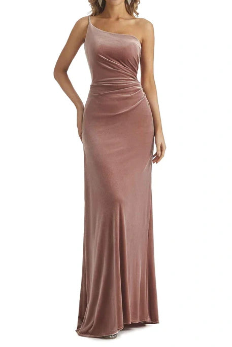 One Shoulder Sleeveless Ruched Long Bridesmaid Dress