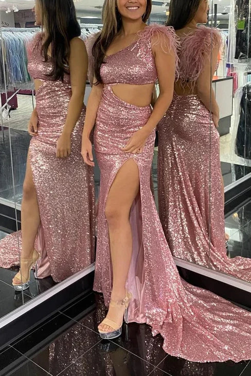 One Shoulder Sleeveless Sequins Party Prom Dress With Side Slit