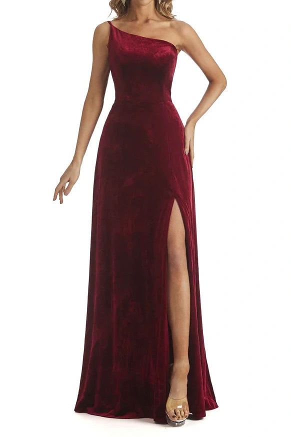 One Shoulder Sleeveless Velvet Bridesmaid Dress With Slit