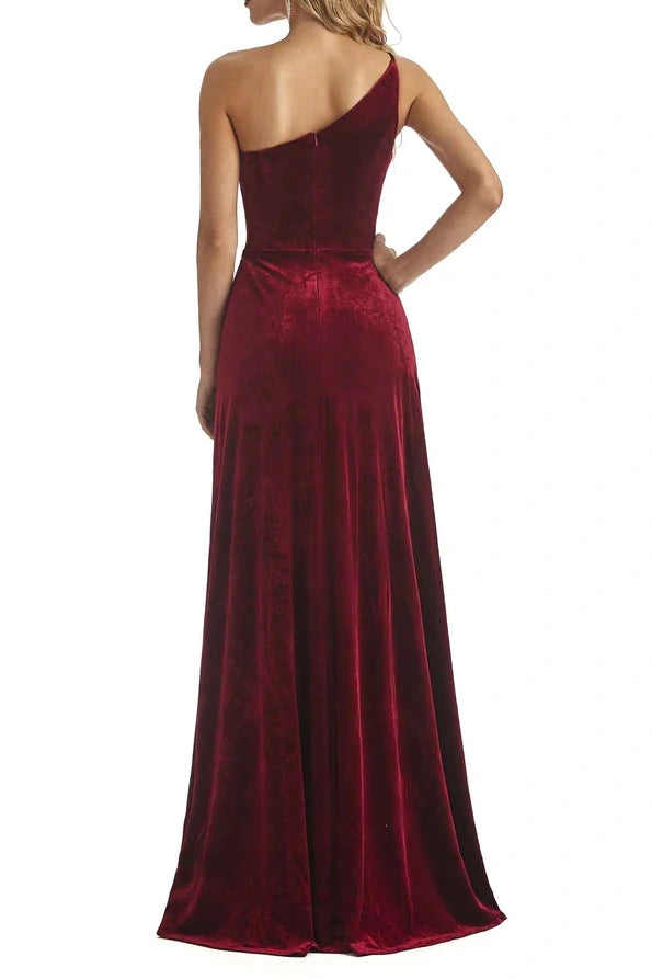 One Shoulder Sleeveless Velvet Bridesmaid Dress With Slit