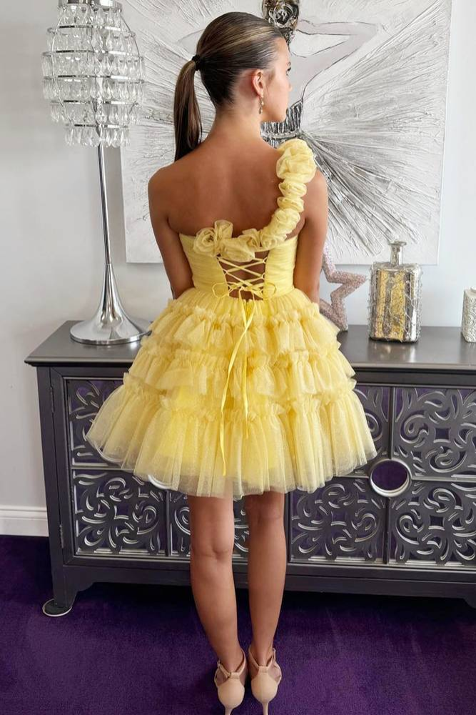 One Shoulder Tulle A-Line Illusion Empire Tiered Homecoming Dress