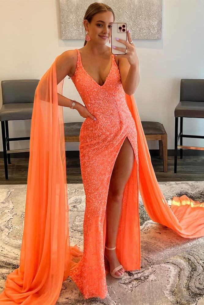 Orange V-Neck Spaghetti Straps Sequins Prom Dress With High Slit