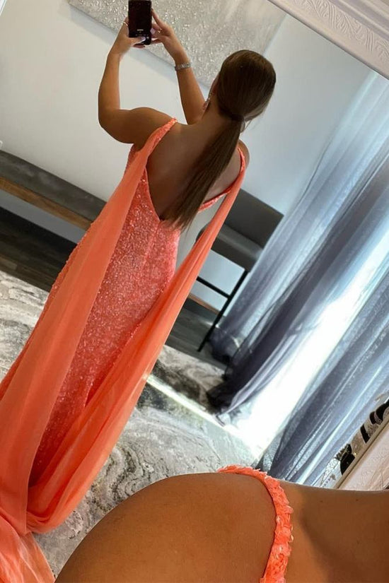 Orange V-Neck Spaghetti Straps Sequins Prom Dress With High Slit